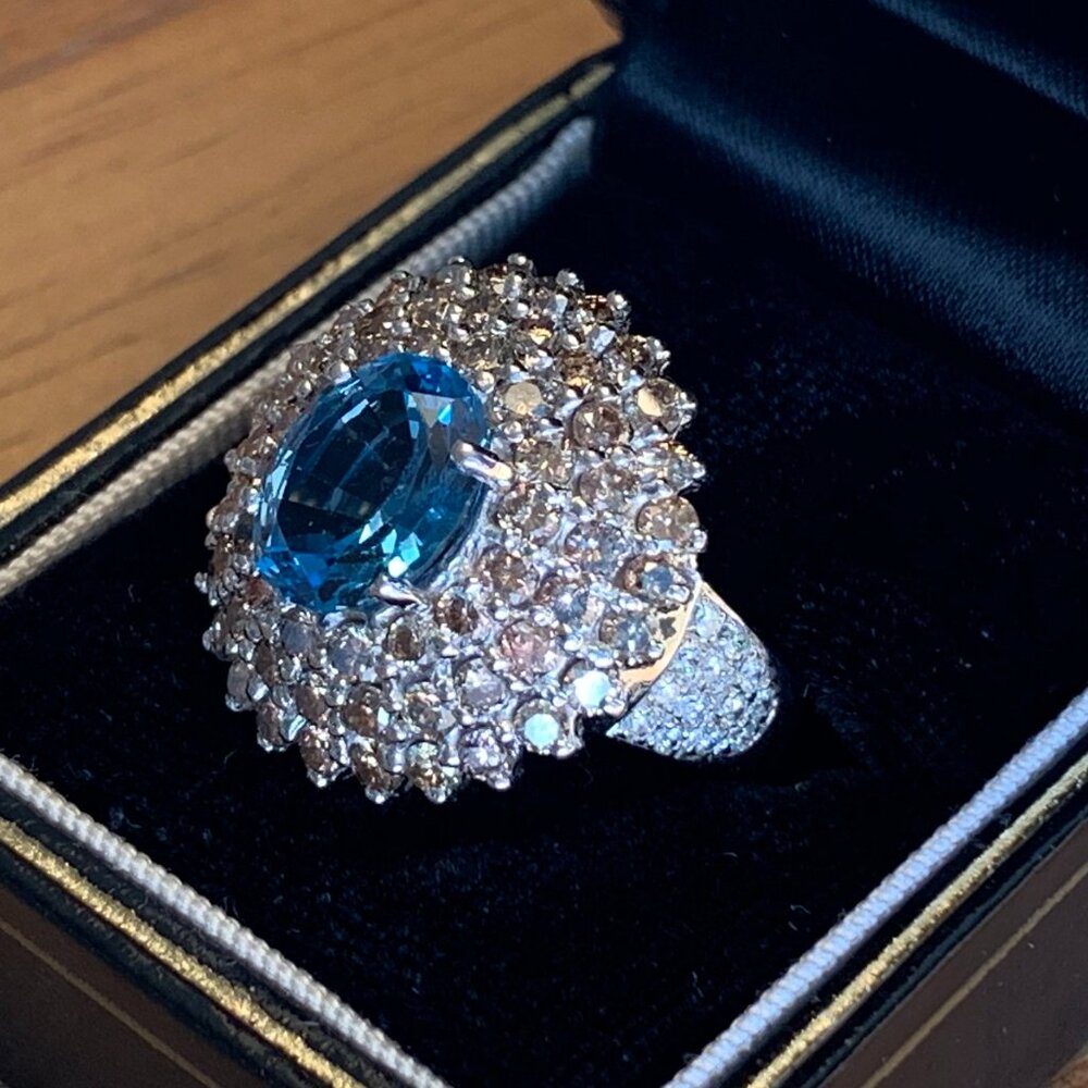 3.25 ct London Blue Topaz 2.15 ctw Diamond Huge 14K Gold Ring Sz 7 New Old Stock